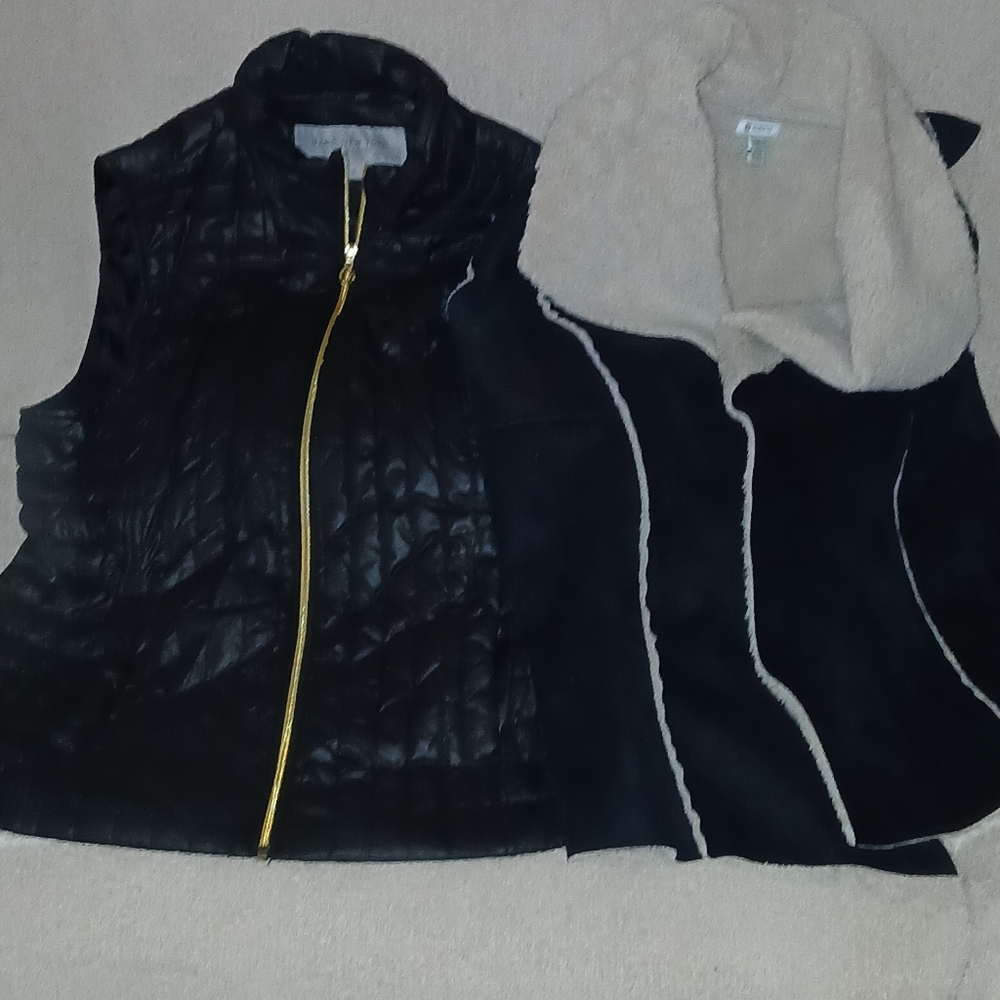 Black Quilted Vest with Gold Zipper and Black Shearling Vest